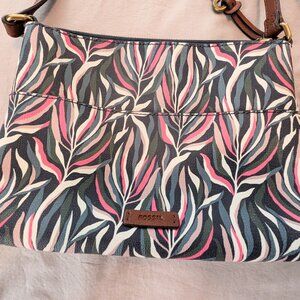 Fossil cross-body bag faux leather white pink blue botanical print